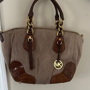 Michael Kors Beige Canvas Shoulder Tote with Brown Leather Trim